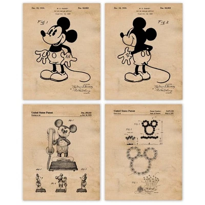 Classic Mickey Mouse Patent Prints, 4 (8x10) Art Decor Home Work Disney Office - Image 1 of 4