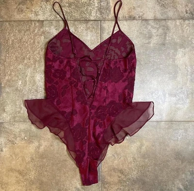 vintage victoria’s secret gold label 70s maroon floral mesh bodysuit size small - Image 1 of 4