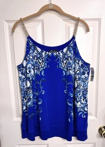 NWT Thalia Sodi Size L Blue Caracas Chain Strap Double Layer Top Tank Blouse - Picture 1 of 9
