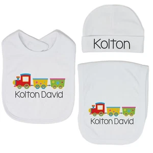 Baby Boy Personalized Custom Circus Train Bib and Burp Cloth Set VS2 - Picture 1 of 26