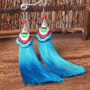 Ethnic knit Style 2PC Embroidered Style Tassel Retro Earrings Long Earrings - Picture 1 of 26
