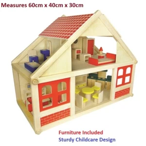 Wooden Dollhouse with Furniture - Pretend Play 3Y+ - Doll House - FREE POSTAGE - Picture 1 of 8