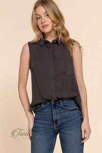 Active USA Charcoal Grey Sleeveless With Pocket Tencel Button Down Shirt NEW - Picture 1 of 5