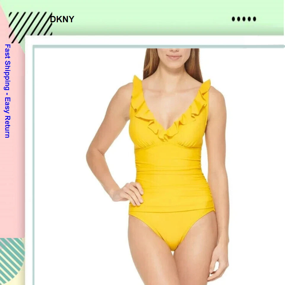 DKNY L94512 Yellow Ruffle Plunge Underwire Tummy Control One-Piece Size 14