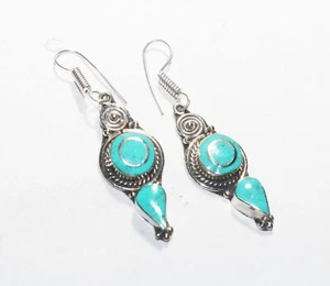 Tibetan Turquoise Gemstone Handmade Nepali Earring Jewelry Size 1.5 Inches - Picture 1 of 5