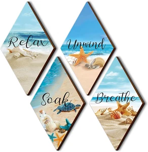 4 Pcs Ocean Beach Style Bathroom Wall Decor Wood Relax Soak Unwind Breathe Coast - Picture 1 of 7