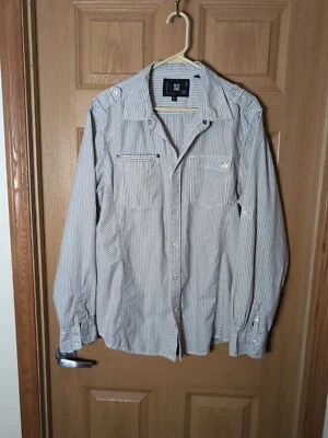 Ocean Current Men's L Gray And White Striped Button Up Long Sleeve Shirt - Image 1 of 4
