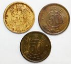 3 Coin Lot 1947-1948 Japan Brass 50 Sen Coins Circulated You Grade Hirohito
