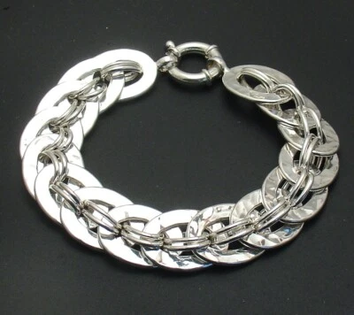 8.5" Hammered Shiny Oval Link Bracelet Senora Lock Real Sterling Silver QVC - Image 1 of 4