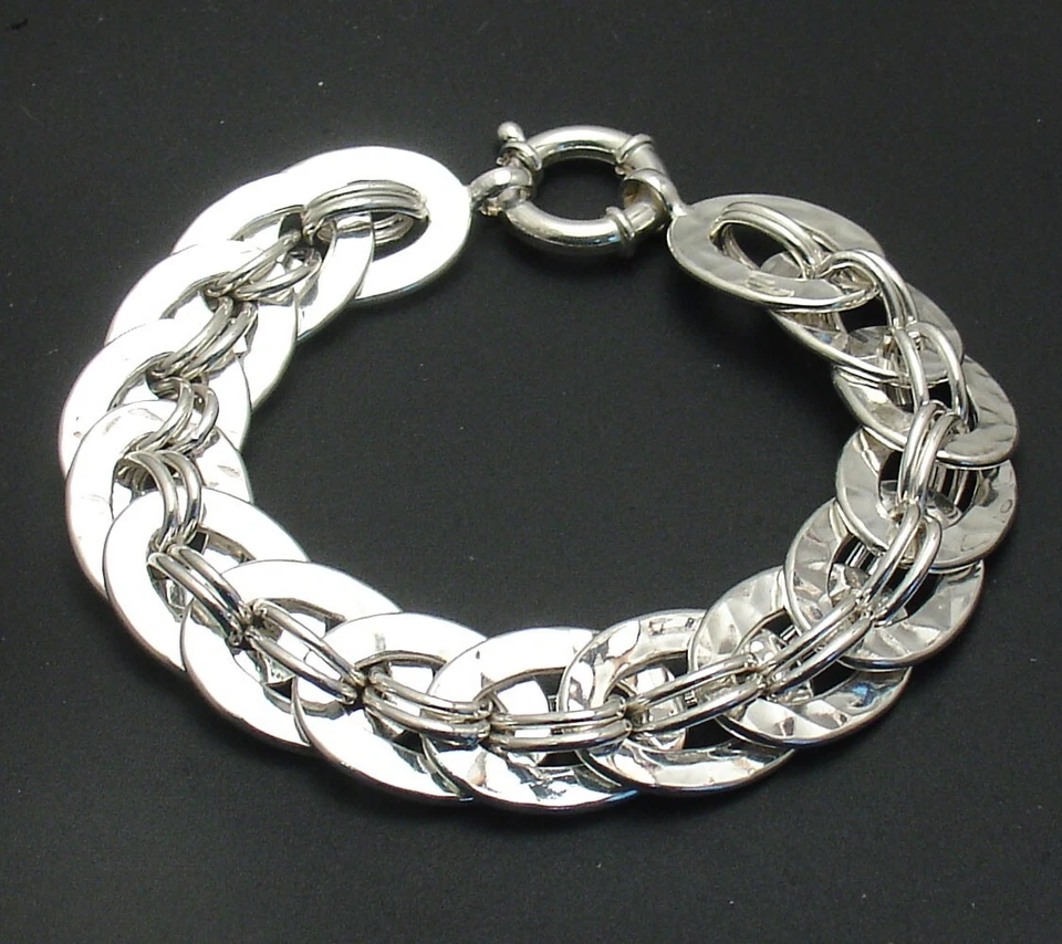 8.5" Hammered Shiny Oval Link Bracelet Senora Lock Real Sterling Silver QVC - Image 1 of 4