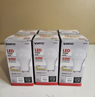 Satco S29840 9.8 Watt A19 LED Bulb 2700K Warm White GU24 Base 800 Lumens 6 PACK - Image 1 of 4