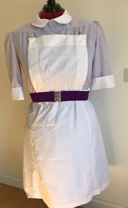 1960s Nurse uniform striped lilac dress short sleeve, white apron, belt, new. - Picture 1 of 10