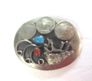 Native American Indian Turquoise & Coral Belt Buckle w/ Buffalo - Silver Nickel - Picture 1 of 6