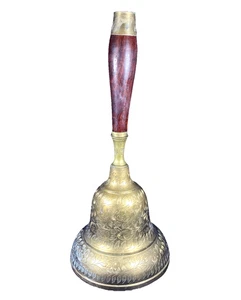 Large Brass Handheld Wood Handle School Religious Bell 13.5” Tall Etched - Picture 1 of 10