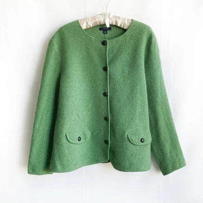 Lands End Boiled Pure Wool Cardigan sz 18W Green Jacket Buttons Pockets - Image 1 of 4