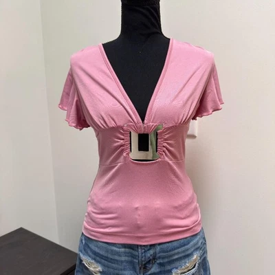 Blusa Vintage Hot Kiss Babydoll Top \ Y2K Rosa Decote V com Mangas Flowy \ Tamanho Pequeno - Imagem 1 de 4