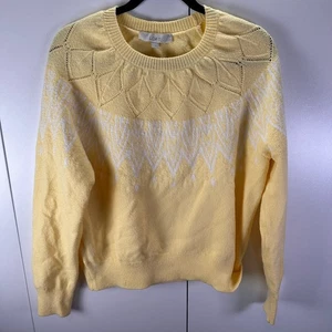 LOFT Women's Sz Lg Butter Yellow Knit Sweater White Geometric Pattern Crew Neck - Picture 1 of 6
