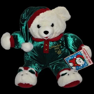 NEW Vintage 1993 Snowflake Teddy Bear White Plush Green Red Hat Bunny Slippers - Picture 1 of 3