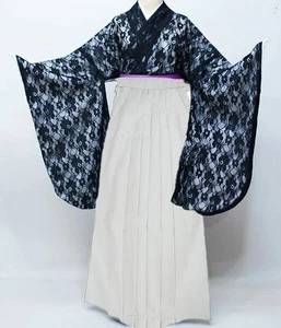 Two-Shaku Sleeves, Lace, Kimono, Full Set, Black, White Plain Hakama, Kimono Len - Picture 1 of 6
