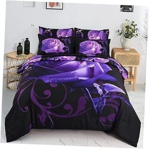 Floral Comforter Set Queen 7 Piece Bed in a Bag Purple Rose Flower Comforter - Picture 1 of 7