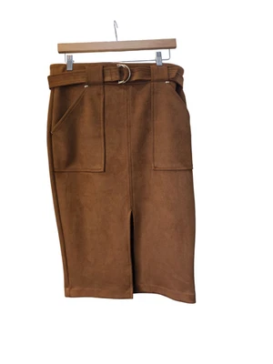 F&F Skirt Women's Size 14 Brown Faux Suede Belted Pencil - Image 1 of 4