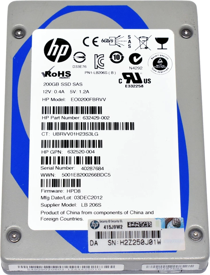 HP Enterprise 200GB 2.5" 6G SAS-2 SSD EO0200FBRVV 632429-002 - Image 1 of 1