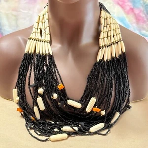 Large Layered Multi Strand Black Glass Seed Bead, Bovine Bone Statement Necklace - Picture 1 of 7