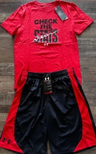 NWT Under Armour Boys YLG Red/Black CHECK THE STATS 2pc Shorts Set Large - Picture 1 of 4