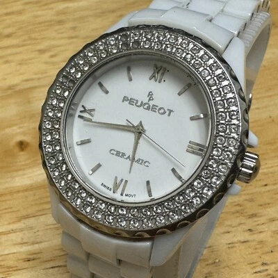 Peugeot Reloj Suizo Cuarzo Dama Blanco Cerámica Imitación Diamante Analógico Batería Nueva 6" Foto 1 de 4
