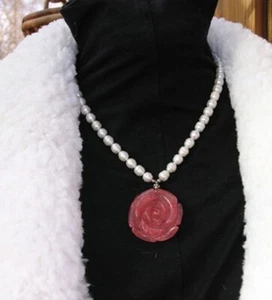 SCHÖNE GESCHNITZTE ROSENQUARZ ROSE SÜSSWASSERPERLEN STERLINGSILBER HALSKETTE - Bild 1 von 5