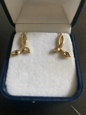 Sapphire and diamond Stud Earrings 14K yellow gold. Blue velvet case. - Изображение 1 из 3