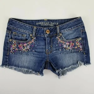 American Eagle Sz 0 Medium Blue Denim Wash Floral Design Raw Hem Women's Shorts - Picture 1 of 12