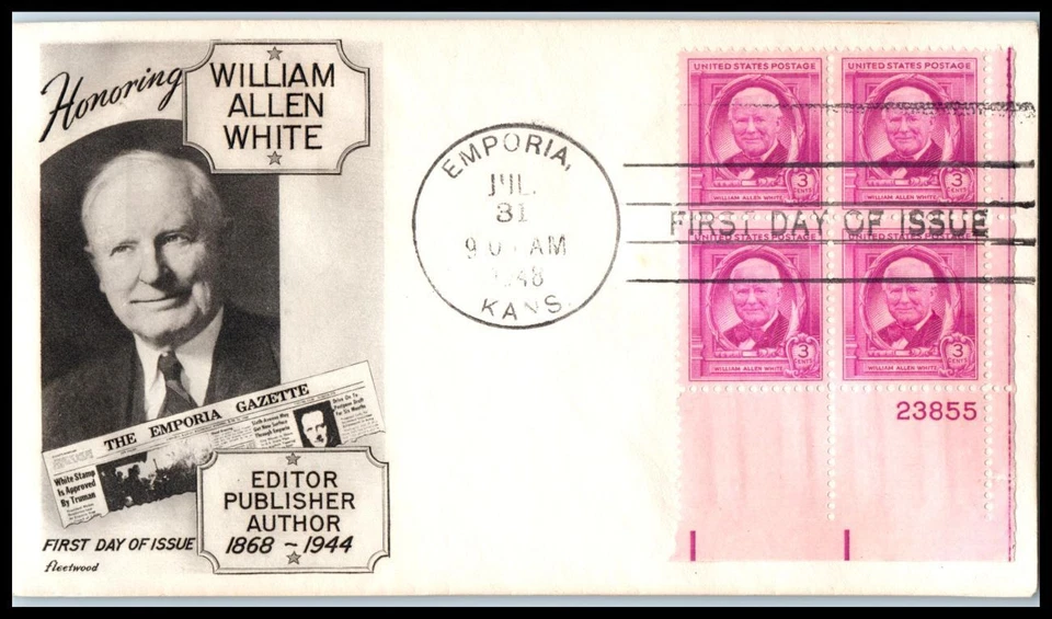 1948 William Allen White Sc 960-32 plate block FDC with Fleetwood cachet (E30 - Image 1 of 1