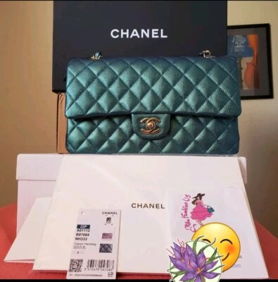 $11,300 CHANEL double Flap Classic Medium iridescent green caviar gold hw 2022 - Image 1 of 4