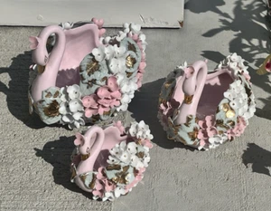 Vintage 1960er Lefton handbemalt Porzellan rosa Schwan Schmuck Schale Gold Blumen - Bild 1 von 24