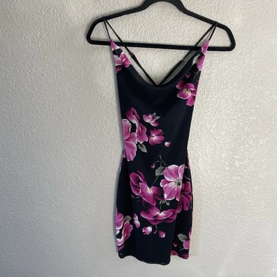 Vtg Charlotte Russe Mini Slip Dress Womens XS Black Floral Y2K Fairy Cowl Neck - Image 1 of 4