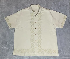 Tommy Bahama Mens XL 100% Silk Hawaiian Shirt Beige Floral Embroidered Design - Picture 1 of 6
