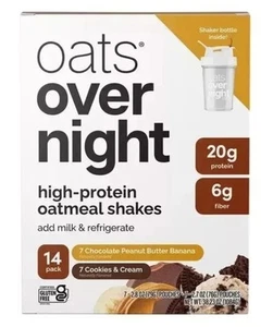 OATS Overnight Frullati di Farina d'Avena ad Alto Contenuto Proteico Confezione da 14 Più Bottiglia Shaker Nuovi! - Foto 1 di 4