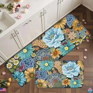 Elegante juego de alfombrillas de cocina boho florales antifatiga - 2 piezas alfombras antideslizantes de espuma viscoelástica - Imagen 1 de 6