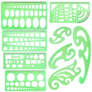 9-Piece Drawing Templates French Curve Geometric Rulers - Clear Green Plastic - Picture 1 of 8