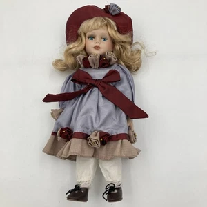 Vintage Porcelain Doll 33cm Blonde Hair Blue Eyes Burgundy Outfit Floral Trim - Picture 1 of 10