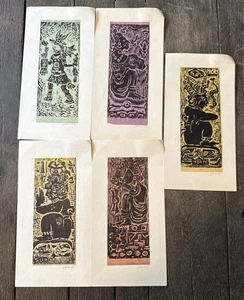 Lotto di 5 rare stampe artistiche in blocco di legno Jacob Heller Messico vintage - Foto 1 di 18