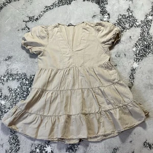 Zara Kleid Damen Gr. Medium Leinen Beige Sand Stufen Babydoll Mini - Bild 1 von 7