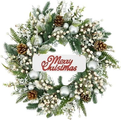 20 Inch Winter Wreath Front Door with Welcome Sign Pine Needle Pine Cone Berry  - Image 1 of 4