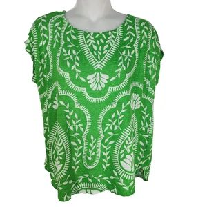 JOIE Top Women Large 100% Linen Green White Botanical Beach Knit Tee Cap Sleeves - Picture 1 of 7