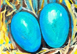 Original Aceo Gemälde - Blue Robin Eggs 2,5x3,5 Acryl Künstler Sammelkarte - Bild 1 von 4