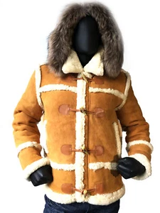 Jakewood Suede Tan Color Old School Shearling Toggle Jacket, Natural Fur 4XL - Picture 1 of 2