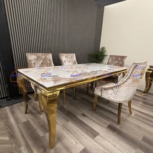 Louis Gold 1.8m Cream Marble Dining Table and 6 Seater Beige Velvet Chairs Set - Picture 1 of 9