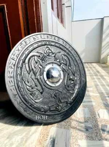 vichinghi intagliati in legno scudo rotondo 24 e 30 pollici nero/marrone vichingo, medievale - Foto 1 di 8