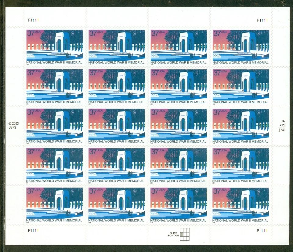 US 3862 World War II Memorial, 400,000 Lost Their Lives, Complete Sheet/20, MNH - Image 1 of 1